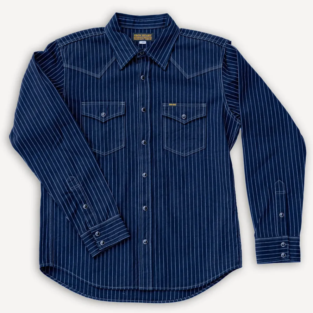 Iron Heart 8.5oz Herringbone Stripe Western Shirt IHSH-424 Blue> Hemden