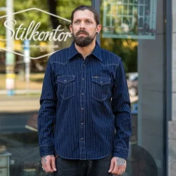 Iron Heart 8.5oz Herringbone Stripe Western Shirt IHSH-424 Blue> Hemden