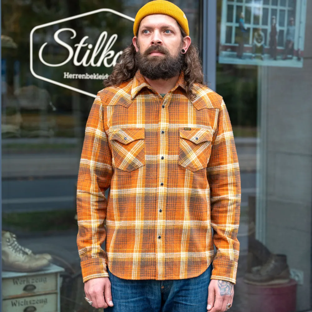 Iron Heart 12oz. Slubby Heavy Flannel Western Shirt IHSH-399-ORA Orange> Hemden