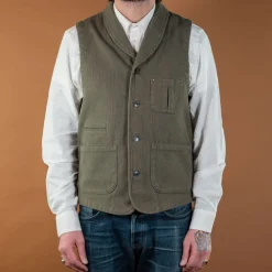 Momotaro Sashiko Shawl Collar Vest Olive> Westen