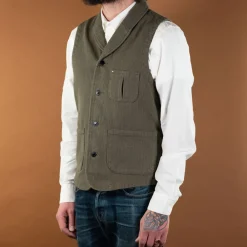Momotaro Sashiko Shawl Collar Vest Olive> Westen