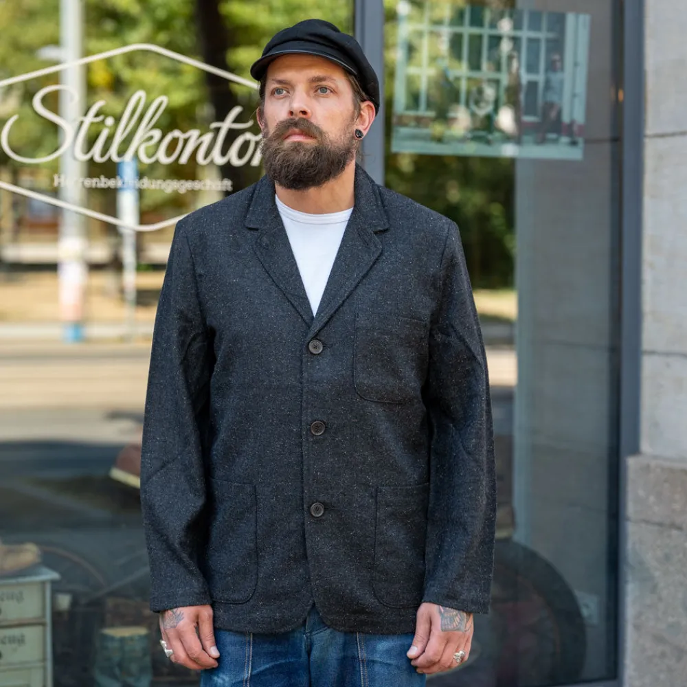 Universal Works Three Button Jacket Salt/Pepper Tweed Black> Jacken
