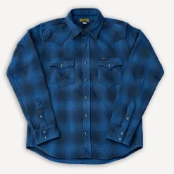 Iron Heart Ultra Heavy Flannel Ombré Check Western Shirt IHSH-264-NAV Navy> Hemden