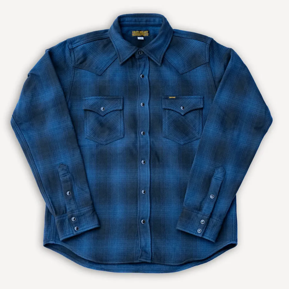 Iron Heart Ultra Heavy Flannel Ombré Check Western Shirt IHSH-264-NAV Navy> Hemden