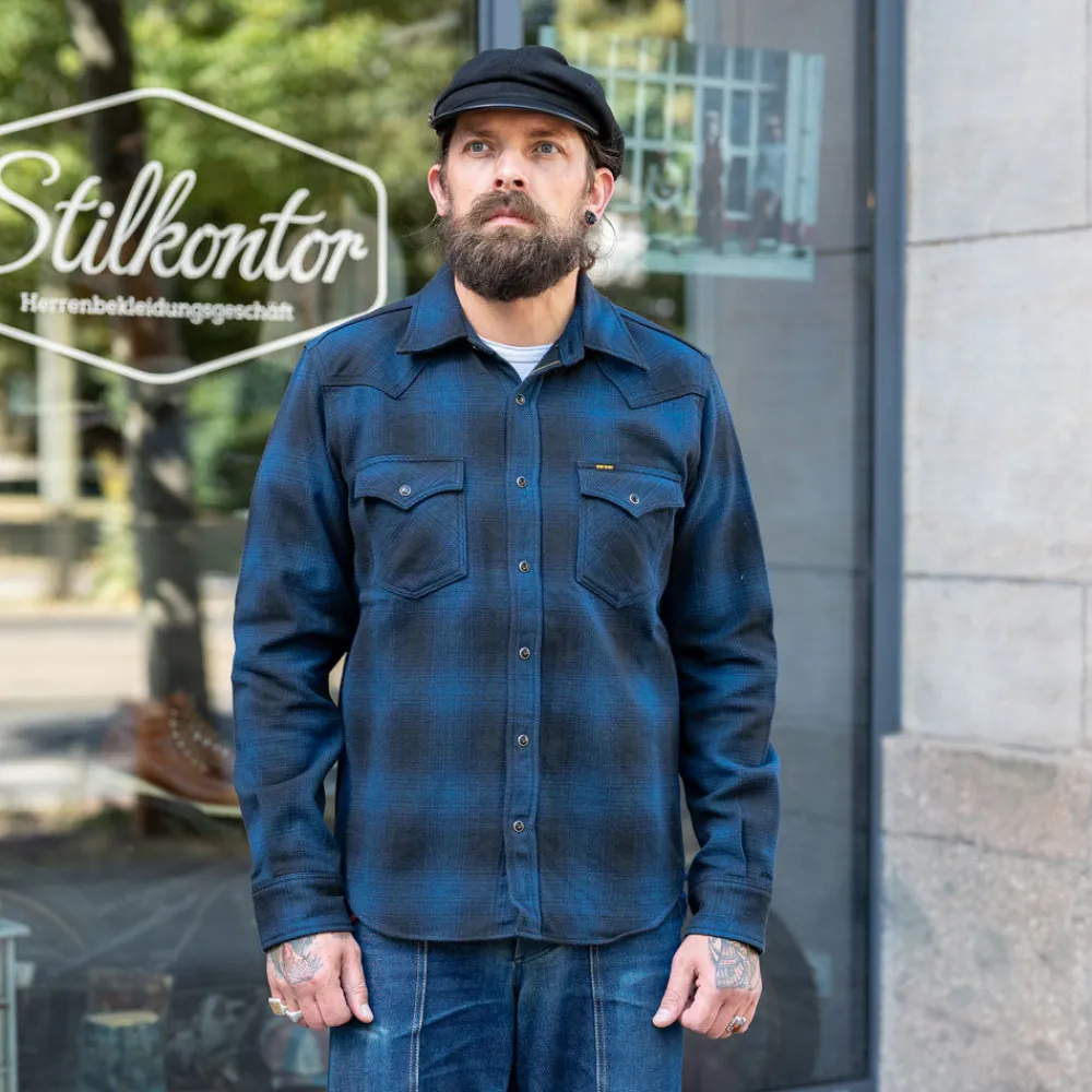 Iron Heart Ultra Heavy Flannel Ombré Check Western Shirt IHSH-264-NAV Navy> Hemden