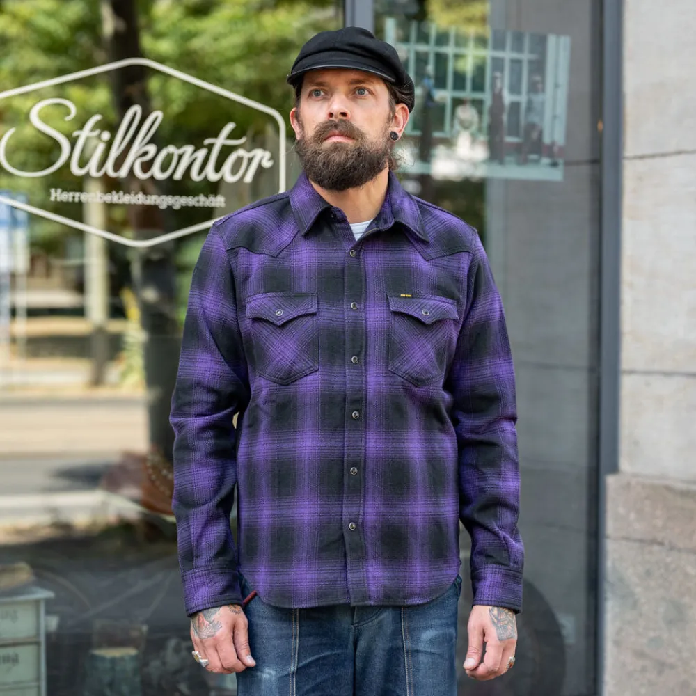 Iron Heart Ultra Heavy Flannel Ombré Check Western Shirt IHSH-130-PUR Purple> Hemden